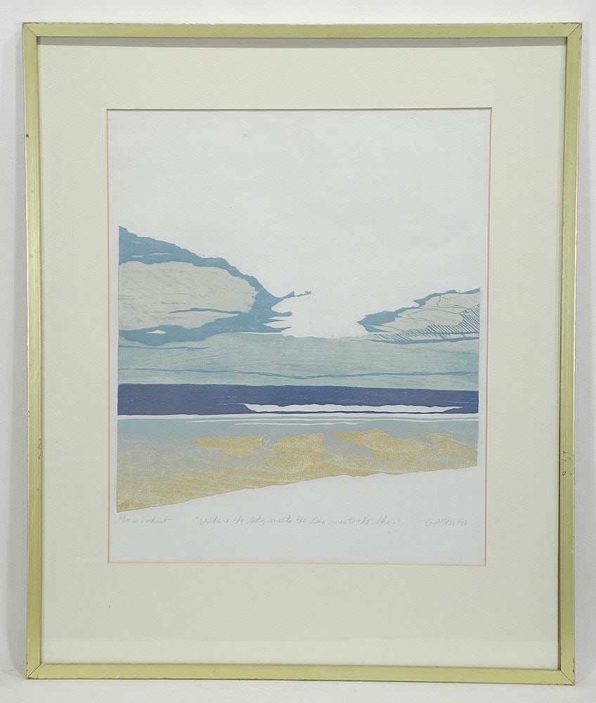 Woodcut signed G. (George) Allen'76, 17 x 14 1/4", "Where the Sky Meets the Sea". #4/10.: Woodcut signed G. (George) Allen'76, 17 x 14 1/4", "Where the Sky Meets the Sea". #4/10.