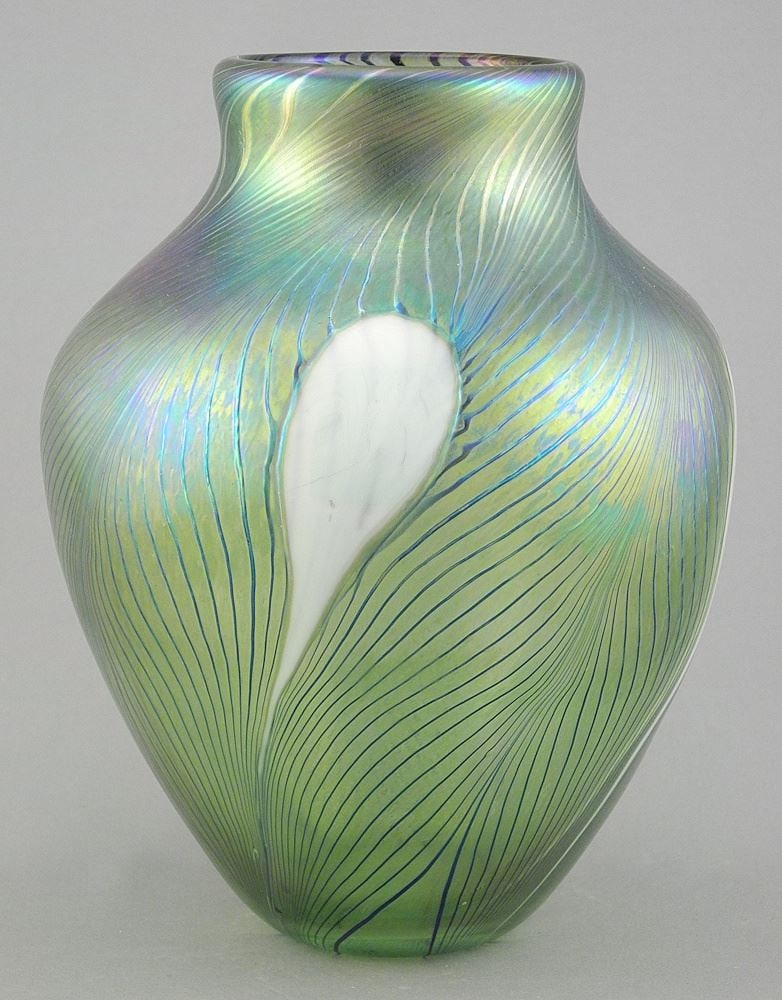 Iridescent Feather Trail Glass Vase signed R.(Robert) Held, 8 1/16"h. (1 of 3)