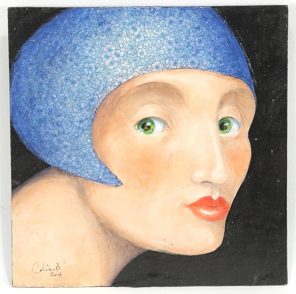 Mixed Media on Board signed Colin.B. (Buckett) 2016, 10 x 9 7/8", "Woman in a Blue Cap". (1 of 3)