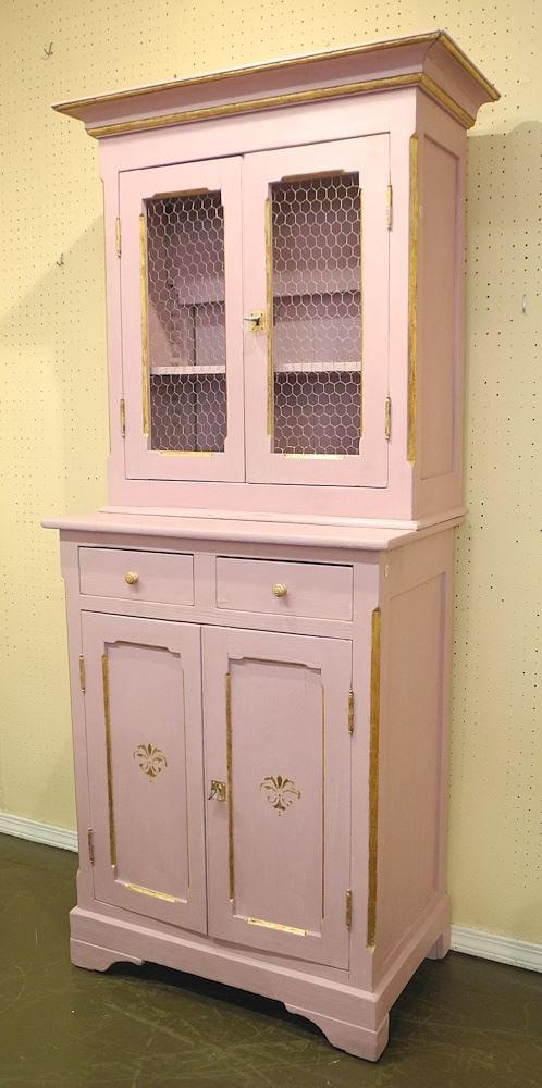 Pink Painted Cabinet & Hutch, 72"h.: Pink Painted Cabinet & Hutch, 72"h.