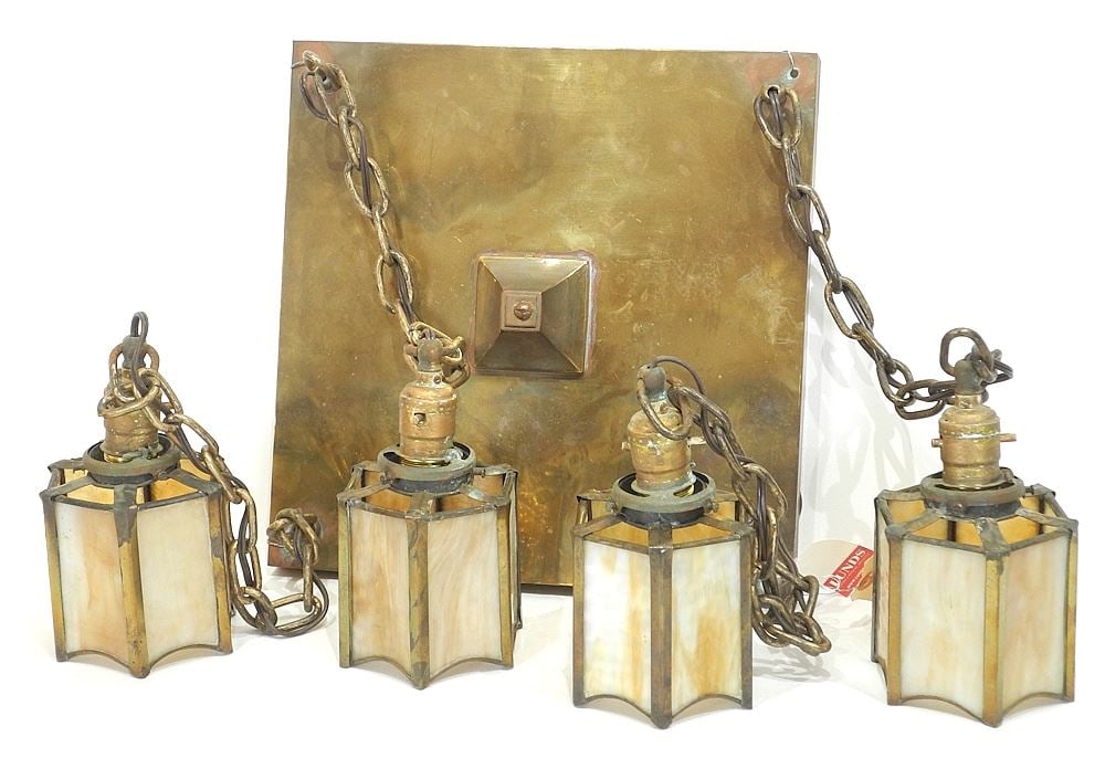 Arts & Crafts Style Brass & Caramel Glass Pendant Light Fixture Apx. 13 3/4 x 13 3/4 x 23". (1 of 1)