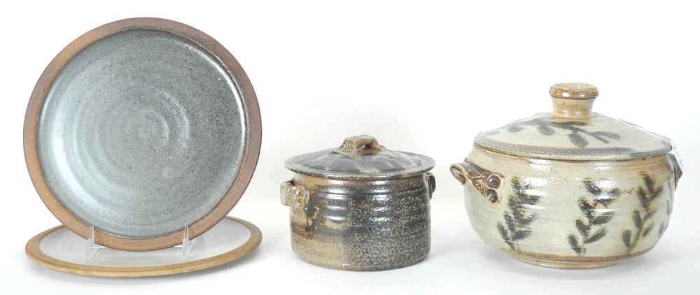 Two Casserole Dishes & Two Plates (9 1/2"w) with Impressed Mark of Ian Steele. (1 of 3)