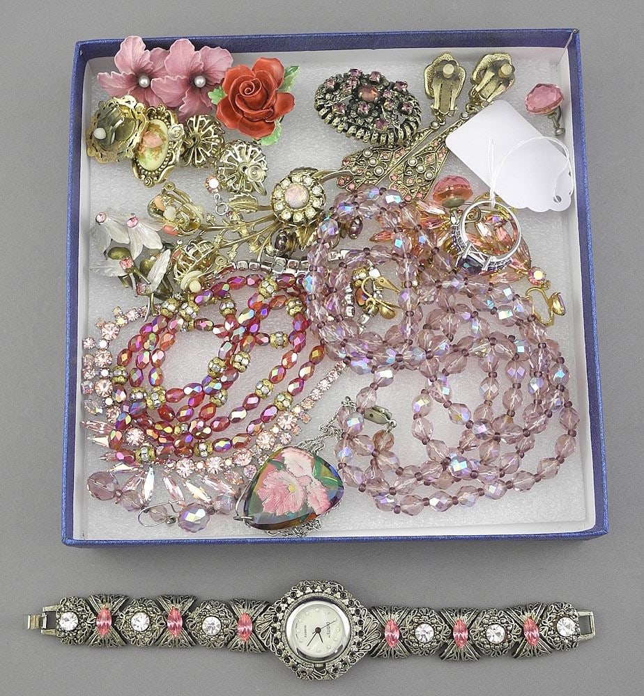 Collection of Pink Crystal Costume Jewelry with Watch & 925 Ring (Size 9).: Collection of Pink Crystal Costume Jewelry with Watch & 925 Ring (Size 9).