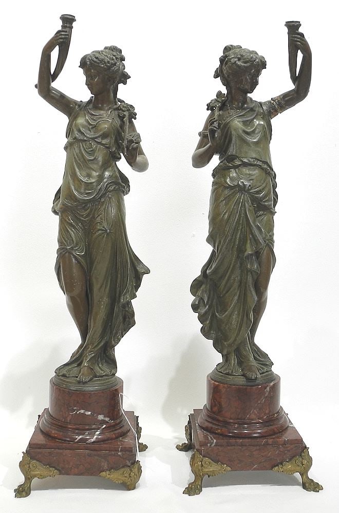 Pair of Spelter Statues on Red Marble Plinths, 22 1/8"h (as found).: Pair of Spelter Statues on Red Marble Plinths, 22 1/8"h (as found).