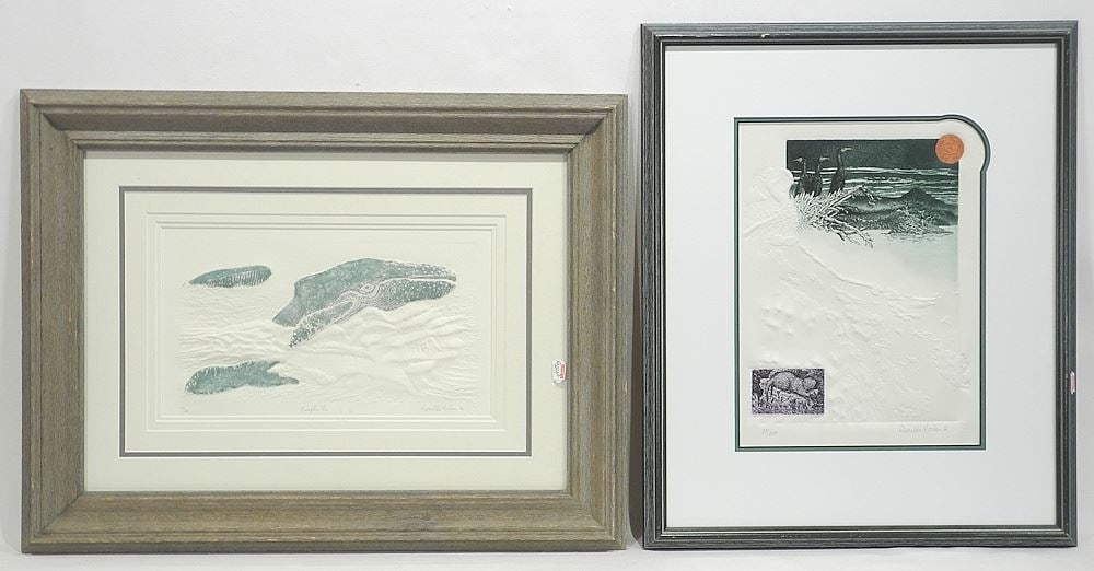 Two Sculpted Etchings signed Ronaldo Norden, Larger 11 3/4 x 8 3/4", "Humpbacks" & Untitled. (1 of 5)
