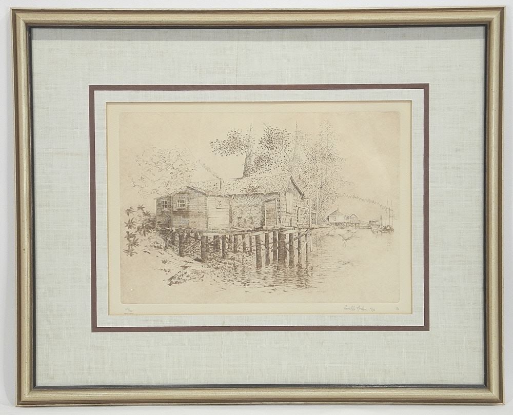 Etching signed Ronaldo Norden, 9 3/8 x 13 1/4", "Harbour Scene" #9/30, First State. (1 of 3)