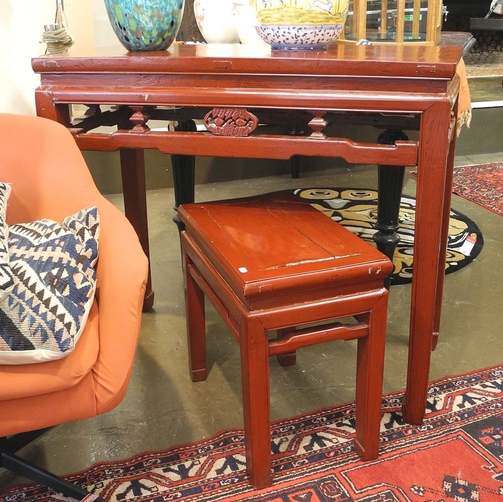 Chinese Scarlet Lacquer Altar-Style Table & Similar Stool, 32 5/8 & 18 1/4"h. (1 of 2)