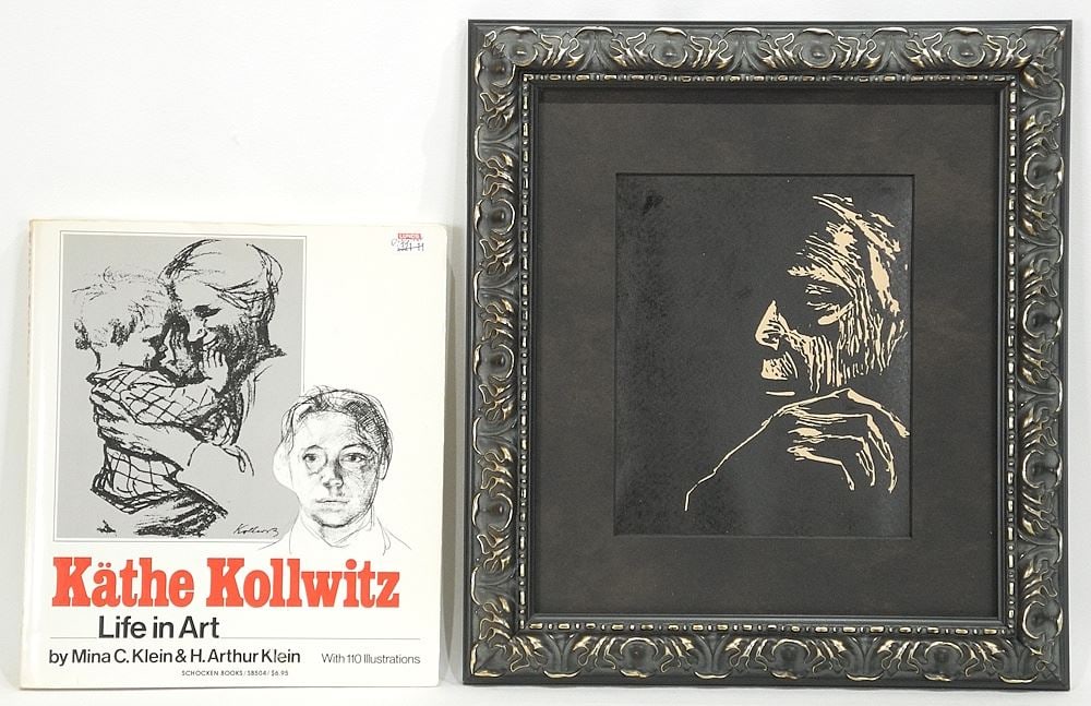 Block Print After Kathe Kollwitz, 7 7/8 x 6 1/4", "Self Portrait" w/ Book "Life in Art". (1 of 2)