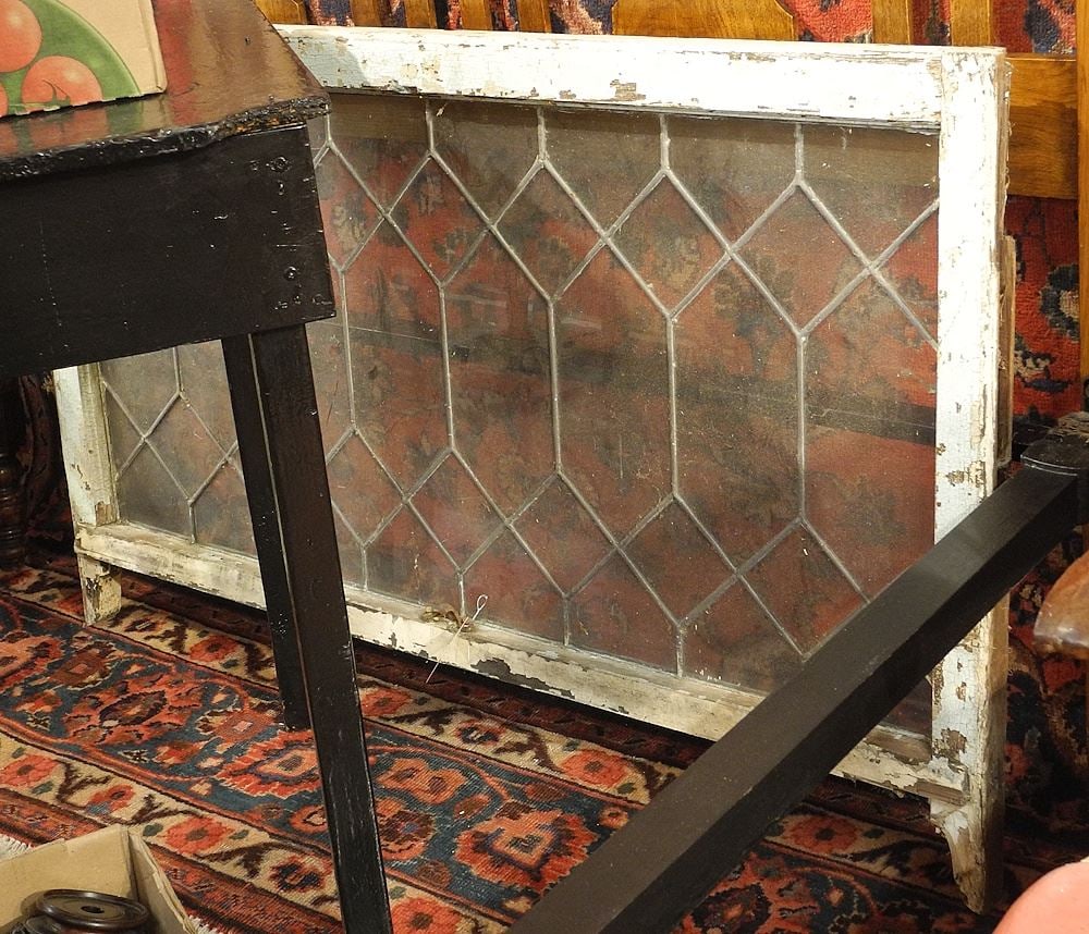 Leaded Glass Panel, Framed, 46 x 28 1/4" (cracks noted).: Leaded Glass Panel, Framed, 46 x 28 1/4" (cracks noted).