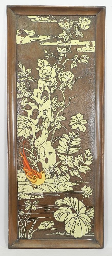Copper Panel signed A. (Albert) Gilles, 40 x 16", "Asian Style Garden". (1 of 3)