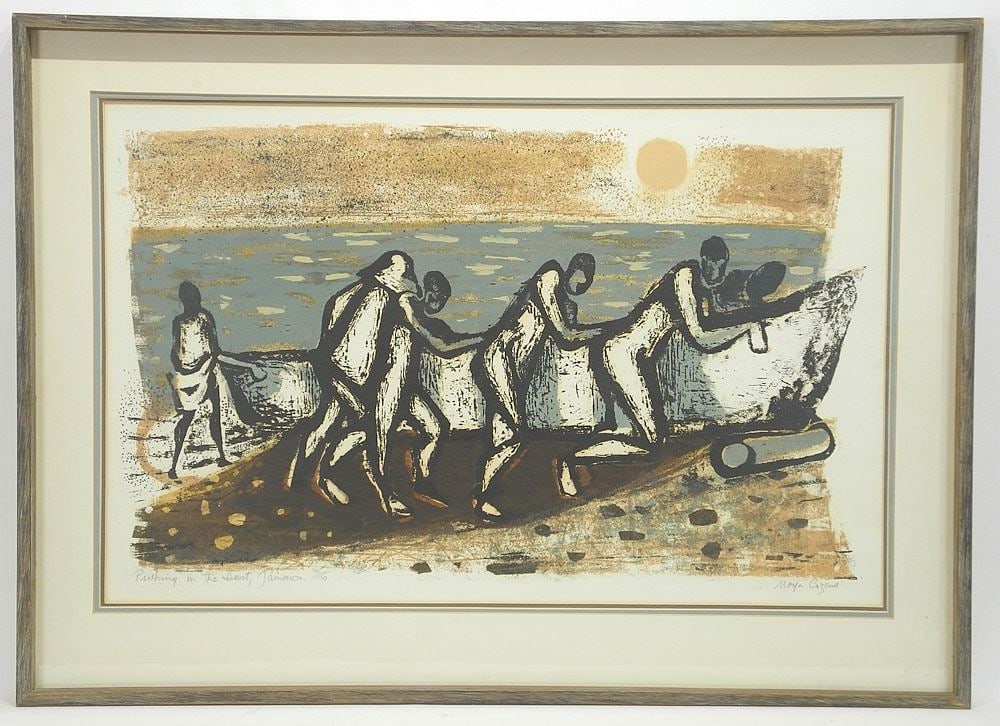 Serigraph signed Moya Cozens, 17 x 26 1/2", "Pushing in the Boat, Jamaica" #2/10.: Serigraph signed Moya Cozens, 17 x 26 1/2", "Pushing in the Boat, Jamaica" #2/10.