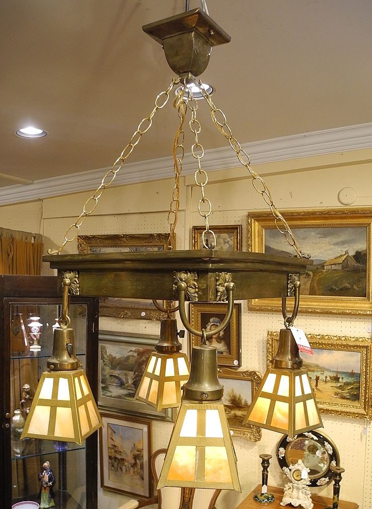 C.1900 Craftsman-Style Brass & Caramel Glass Pendant Ceiling Fixture, 31 x 19 x 19". (1 of 3)
