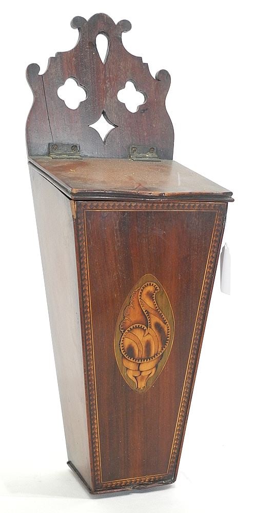 18th C. Inlaid Mahogany Candle Box, 18 7/8"h. (1 of 2)