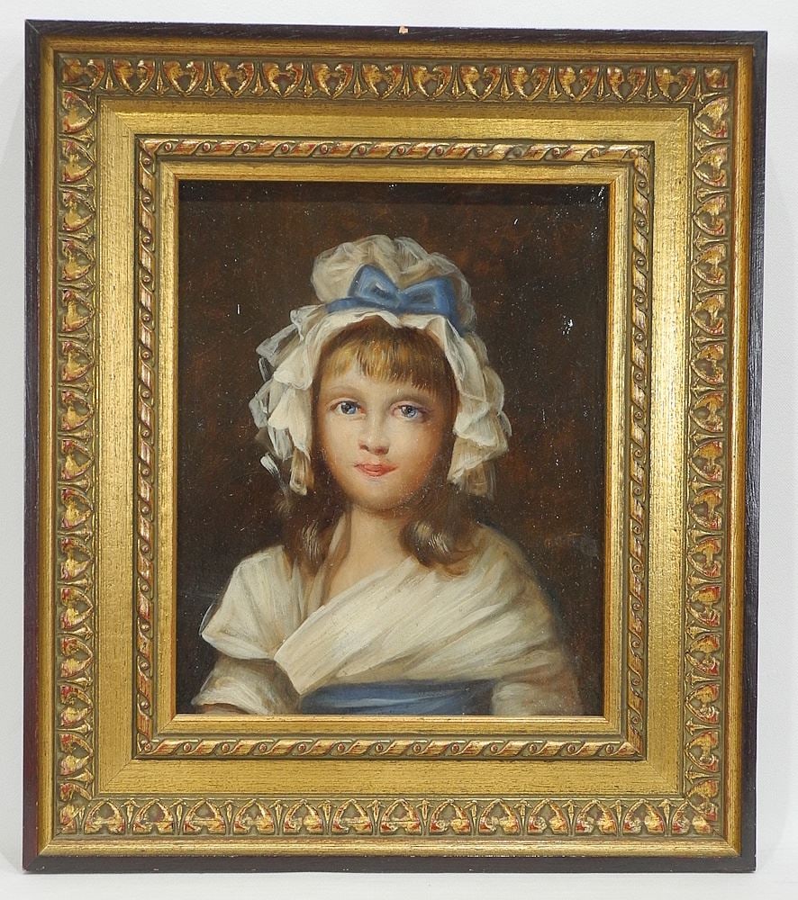 19th C. Austrian Oil on Canvas signed Indistinctly, 10 1/2 x 8 5/8" "Girl in Bonnet".: 19th C. Austrian Oil on Canvas signed Indistinctly, 10 1/2 x 8 5/8" "Girl in Bonnet".