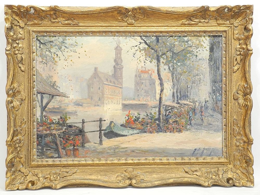 Oil on Canvas signed Indistinctly, 16 x 24", "Flower Sellers, Canal Side". (1 of 3)