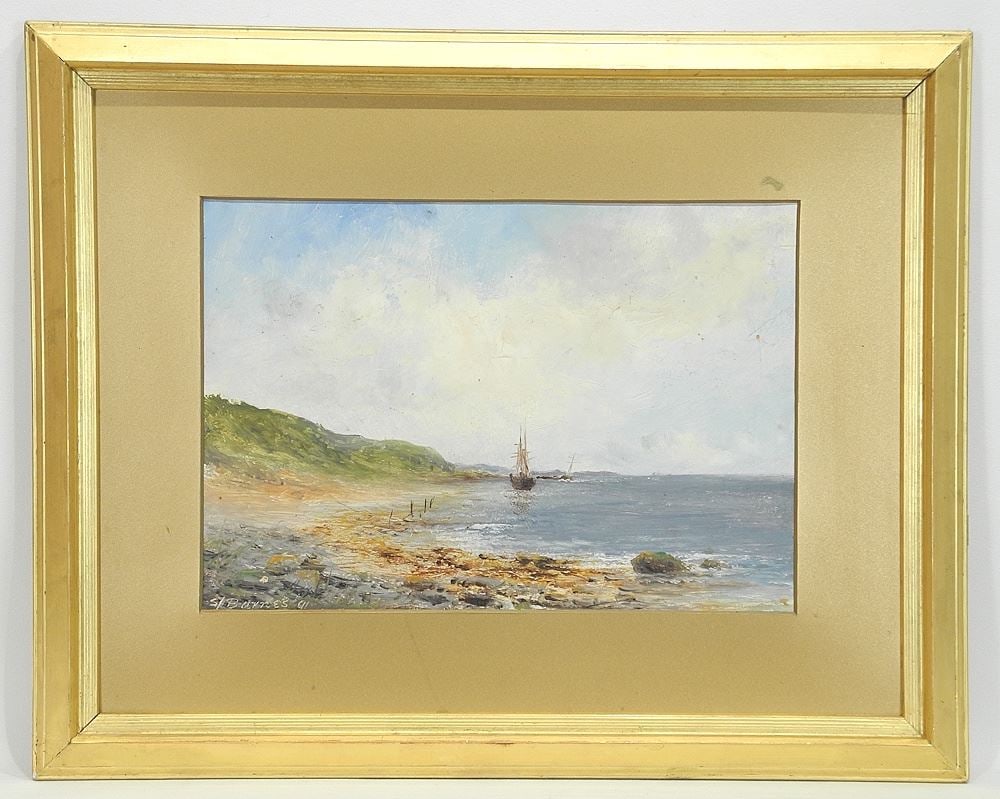 Oil on Artist Board signed S.Barnes 9 1/4 x 13 1/4", "Coastal Scene with Boats".: Oil on Artist Board signed S.Barnes 9 1/4 x 13 1/4", "Coastal Scene with Boats".