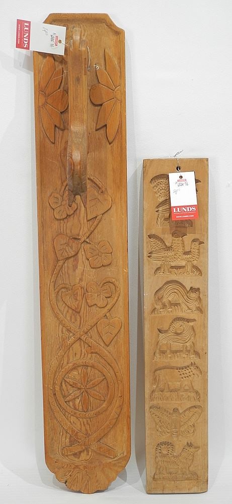 1920's Norwegian Hand Carved Mangle Board (28"L) & a Wooden Mold, 20"h. (1 of 2)
