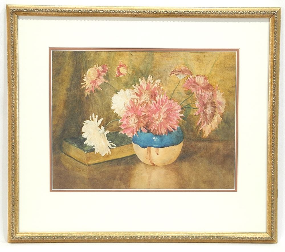 Watercolour Monogrammed E.W.(Edith Wrigley), 10 x 13 1/8", "Still Life w/ Chrysanthemum's", C.191 (1 of 4)