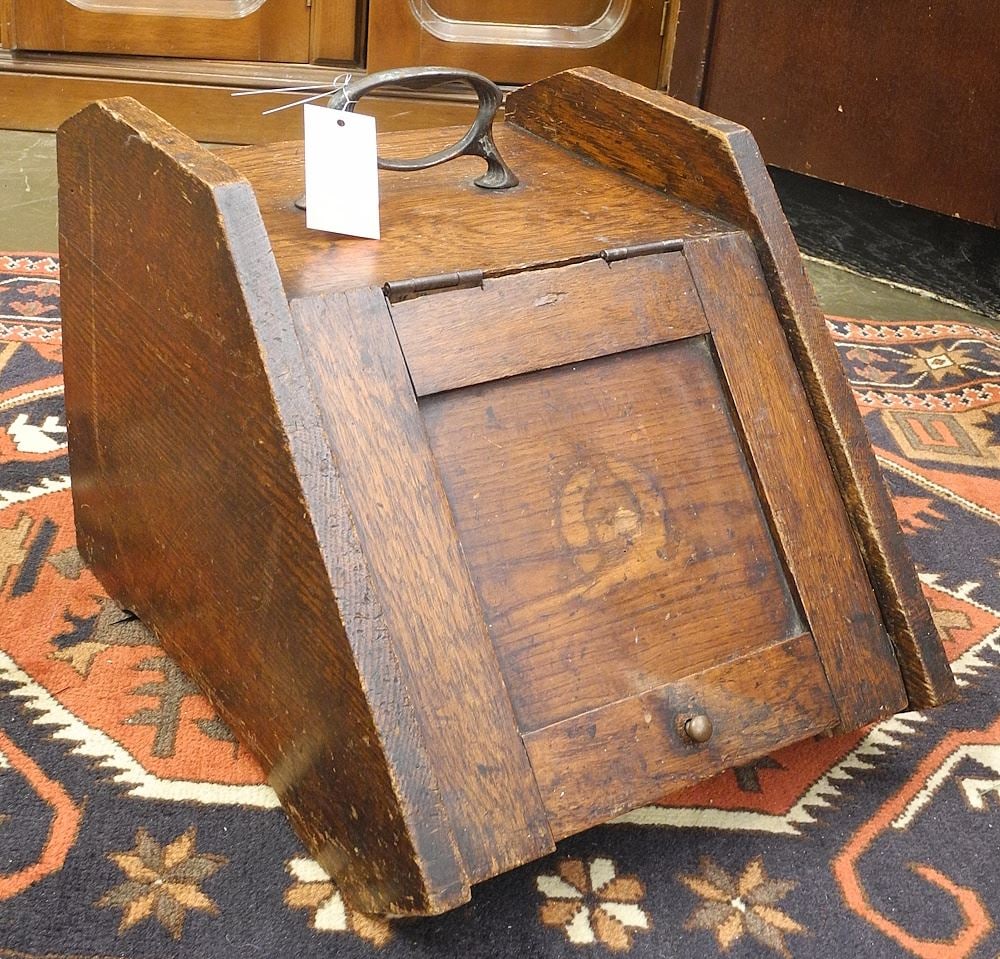 Oak Coal Scuttle, 11 7/8"h (as found). (1 of 2)