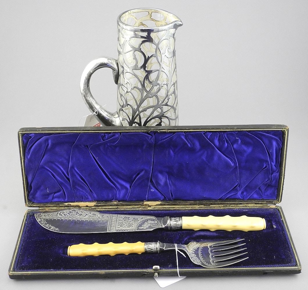 Alvin NY .999 Fine Silver Overlay Pitcher (10 1/4"h, spout noted) & Cased Fish Serving Set. (1 of 7)