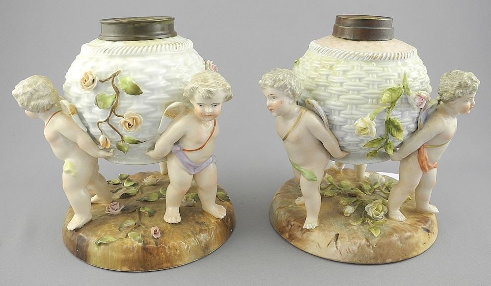 Pair of Von Schierholz Porcelain Oil Lamps with Putti, 6"h (no burners).: Pair of Von Schierholz Porcelain Oil Lamps with Putti, 6"h (no burners).