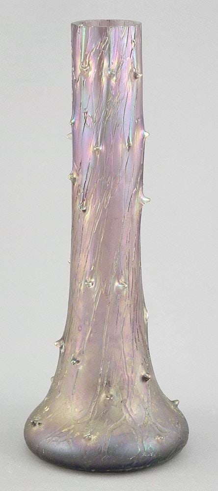 Loetz-Style Iridescent Glass Vase, 8"h (rim flake noted).: Loetz-Style Iridescent Glass Vase, 8"h (rim flake noted).