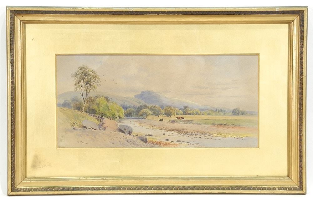 Watercolour signed A.B.Wynne, 6 1/2 x 13 3/4", "Pastoral Riverside View with Cattle". (1 of 3)