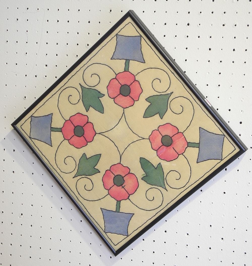 Vintage "Poppies" Embroidery on Linen, 20 1/4 x 20 1/4".: Vintage "Poppies" Embroidery on Linen, 20 1/4 x 20 1/4".