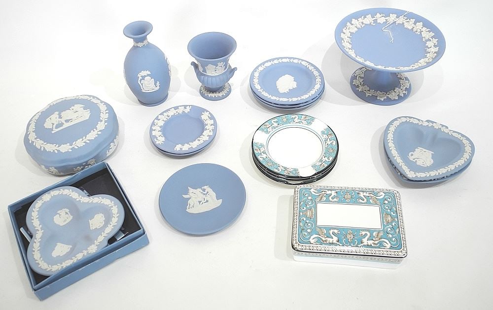 Collection of Wedgwood Pale Blue Jasperware & Florentine, Tallest 4 7/8"h.: Collection of Wedgwood Pale Blue Jasperware & Florentine, Tallest 4 7/8"h.