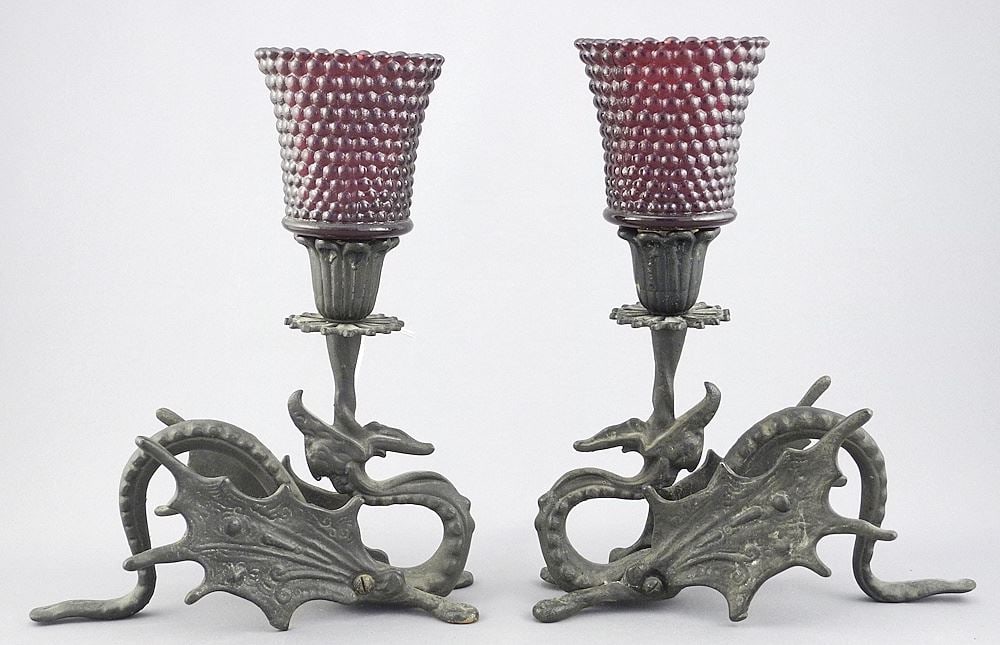 Pair of Victorian Cast Iron Dragon Candlesticks (6"h) w/ Ruby Glass Inserts. (1 of 3)
