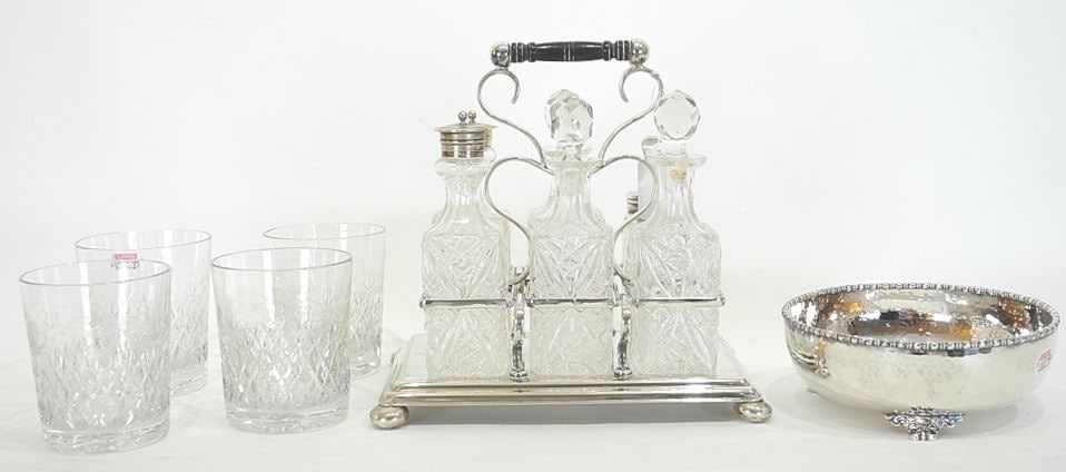 Silver Plated Cruet Stand (bottle chipped)/4 Crystal Tumblers & Jefferies & ca Bowl. (1 of 5)