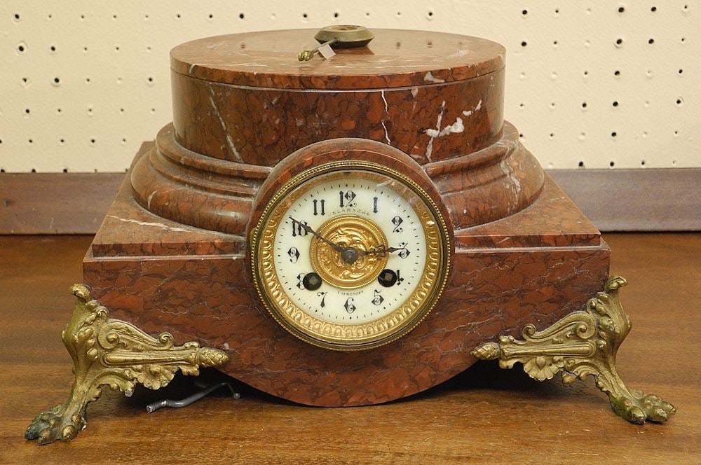 Red Marble Clock Stand, Dial signed Indistinctly, 6 7/8"h. (1 of 2)