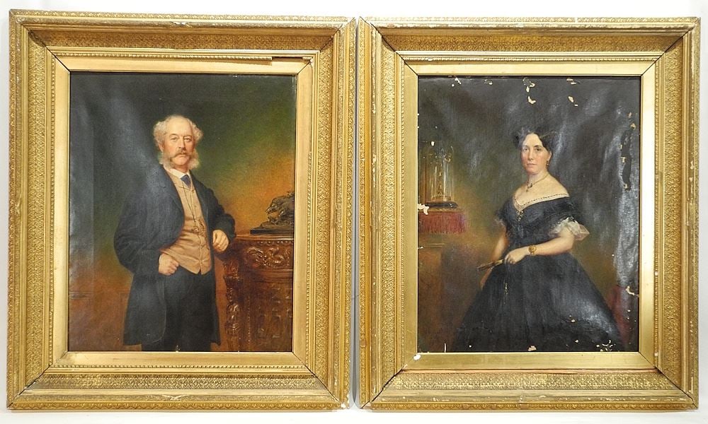 Pair of Oil on Canvas signed A.H.Fox 1866, 21 1/4 x 17", "Mr. & Mrs. John Lancaster".: Pair of Oil on Canvas signed A.H.Fox 1866, 21 1/4 x 17", "Mr. & Mrs. John Lancaster".