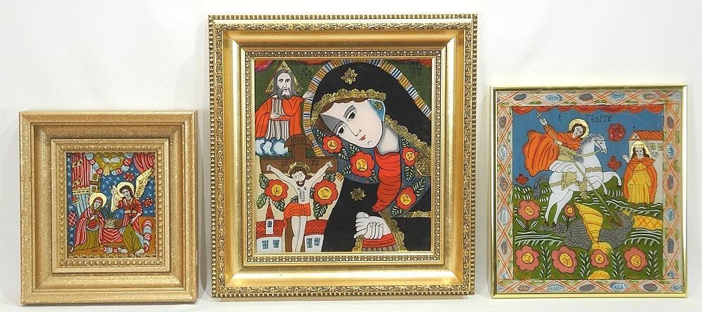 Three Romanian Reverse Painted Glass Icons, Largest 10 3/4 x 9 3/4". (1 of 3)