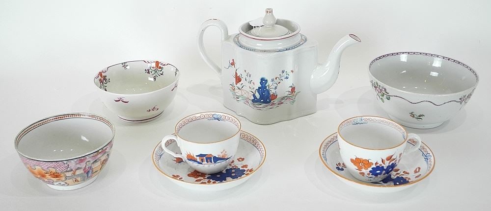 Collection of New Hall & Other Porcelain Teapot/Teacups & Bowls/Pot , 6 1/8"h (as found).: Collection of New Hall & Other Porcelain Teapot/Teacups & Bowls/Pot , 6 1/8"h (as found).