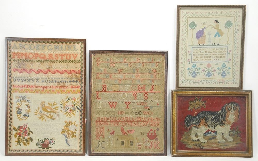 Three Samplers: 1839/1876/1930 & Spaniel Needlework, Largest 18 7/8 x 12 1/2". (1 of 3)
