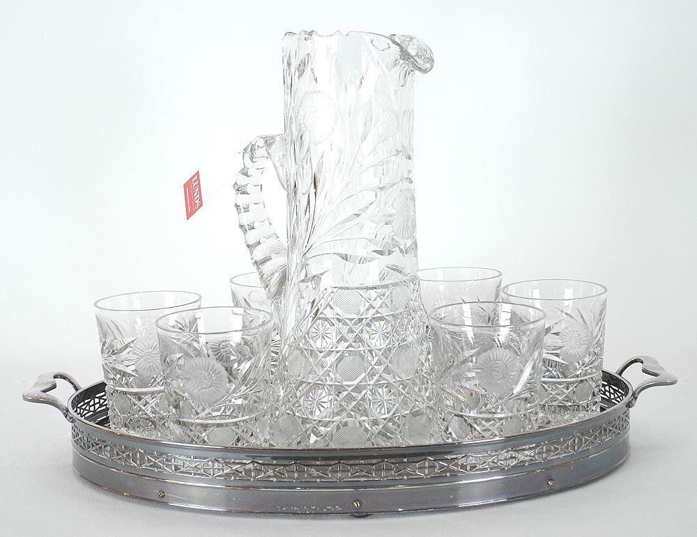 Antique Cut Crystal Lemonade Set on Silver Plate & Mahogany Tray, 11 1/8 "h. (1 of 4)