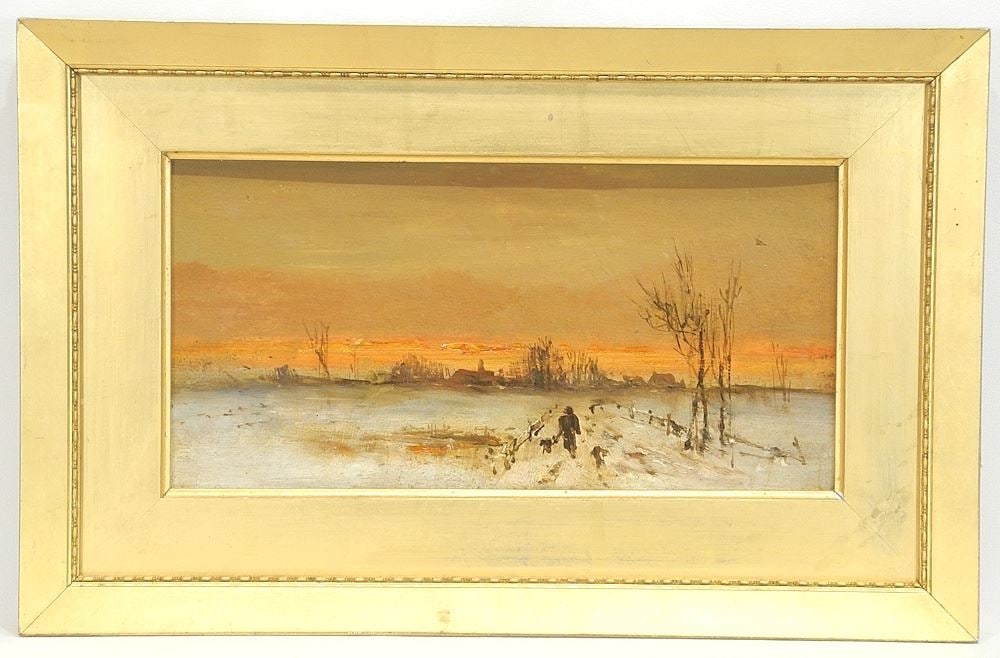 Unsigned Oil on Board, European School 19th C., 5 7/8 x 11 3/4", "Figure w/ Dogs at Sunset" (1 of 3)