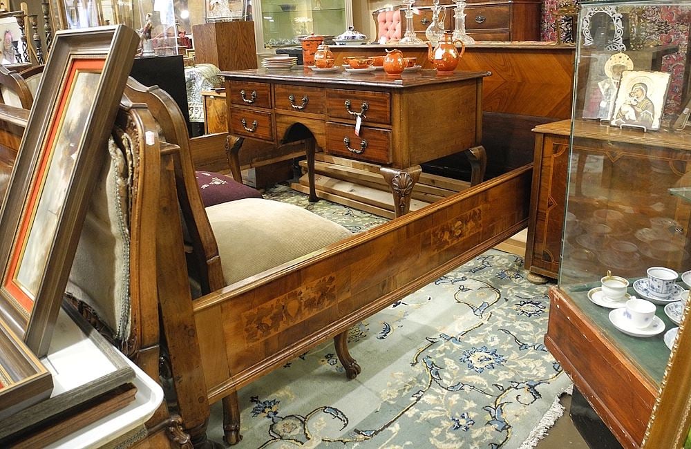 19th C. European Inlaid Mahogany Bedstead Converted to King (66"w inside) w/ Nightstands.: 19th C. European Inlaid Mahogany Bedstead Converted to King (66"w inside) w/ Nightstands.