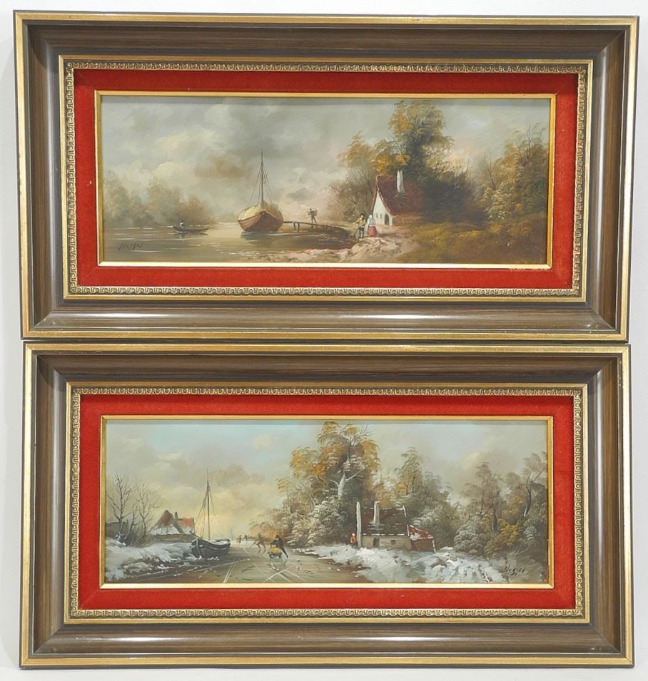 Pair of Oil on Board signed Hessel, 5 7/8 x 15 3/4", "Canal Scenes in Winter & Spring".: Pair of Oil on Board signed Hessel, 5 7/8 x 15 3/4", "Canal Scenes in Winter & Spring".