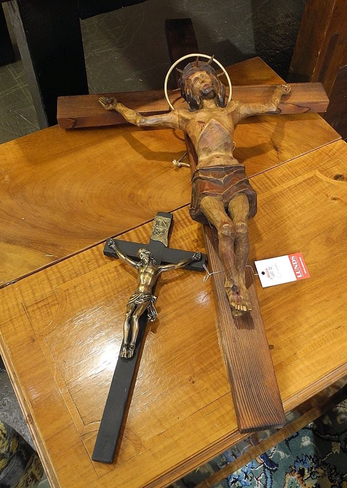 Two Crucifixes: Carved Wood (30"h) & Copper Alloy, 13 1/2"h.: Two Crucifixes: Carved Wood (30"h) & Copper Alloy, 13 1/2"h.