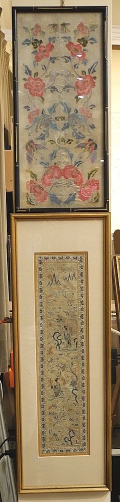 Two Silk Embroideries: One Mandarin (20 3/4 x 5"), & European, 19 x 8 1/4".: Two Silk Embroideries: One Mandarin (20 3/4 x 5"), & European, 19 x 8 1/4".