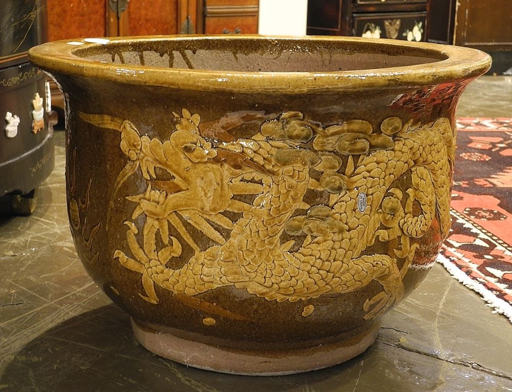Chinese Stoneware "Dragons" Jardiniere, 11 3/4"h.