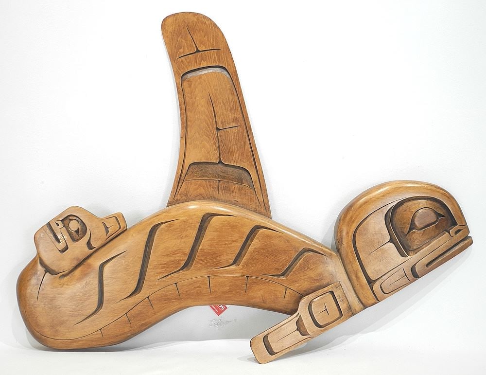Kwagiulth Panel Carving signed Ray Wadhams, 29"w, "Kwakiutl Killer Whale".: Kwagiulth Panel Carving signed Ray Wadhams, 29"w, "Kwakiutl Killer Whale".
