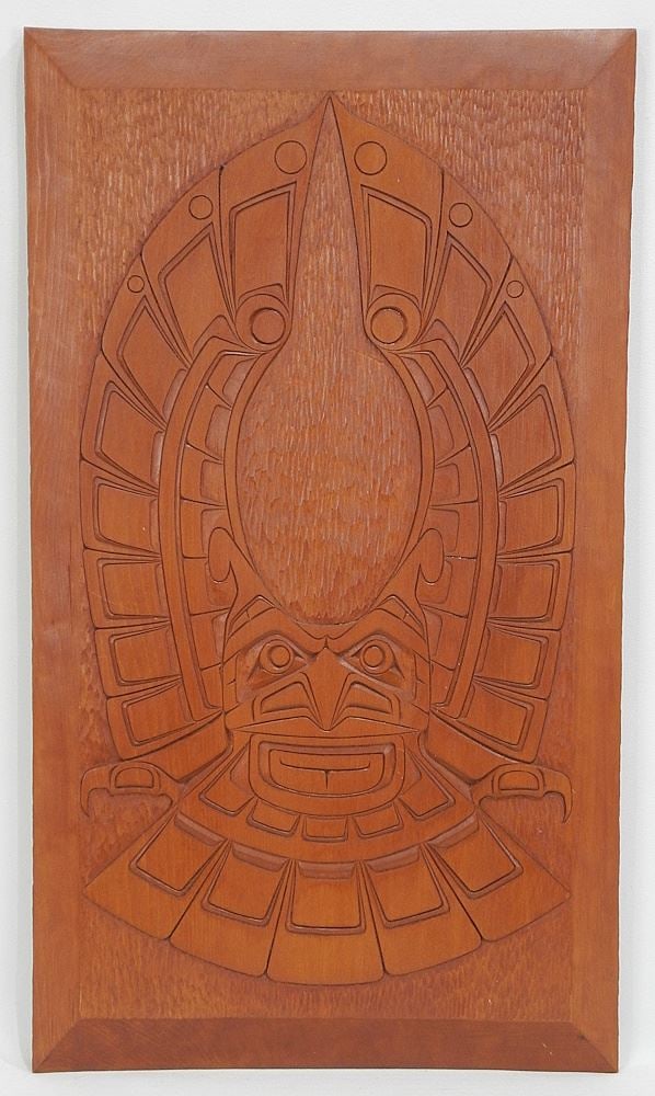 Kwagiulth Plaque signed Stan Wamiss, 20 1/2 x 11 3/4", "Owl".: Kwagiulth Plaque signed Stan Wamiss, 20 1/2 x 11 3/4", "Owl".
