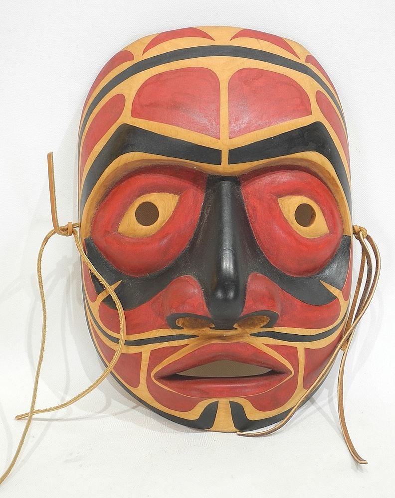 Northwest Coast Style Native Carved & Painted Wooden Human Mask signed NB, 12 x 9". (1 of 3)