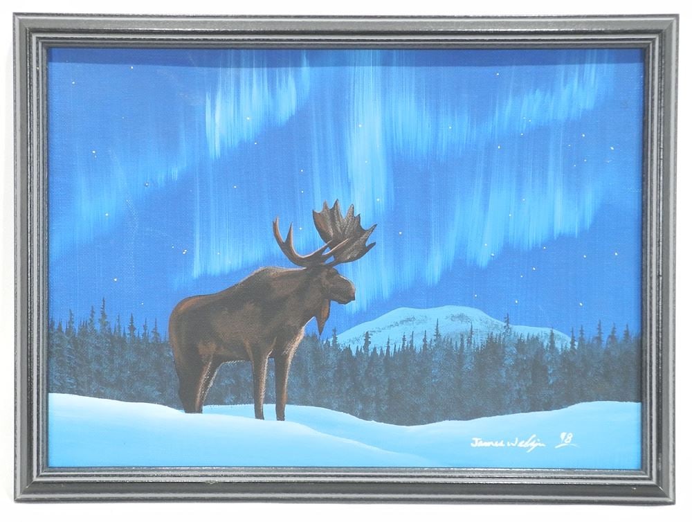 Oil on Board signed James Wedzin'98, 9 5/8 x 13 5/8", "Moose & Aurora Borealis".: Oil on Board signed James Wedzin'98, 9 5/8 x 13 5/8", "Moose & Aurora Borealis".