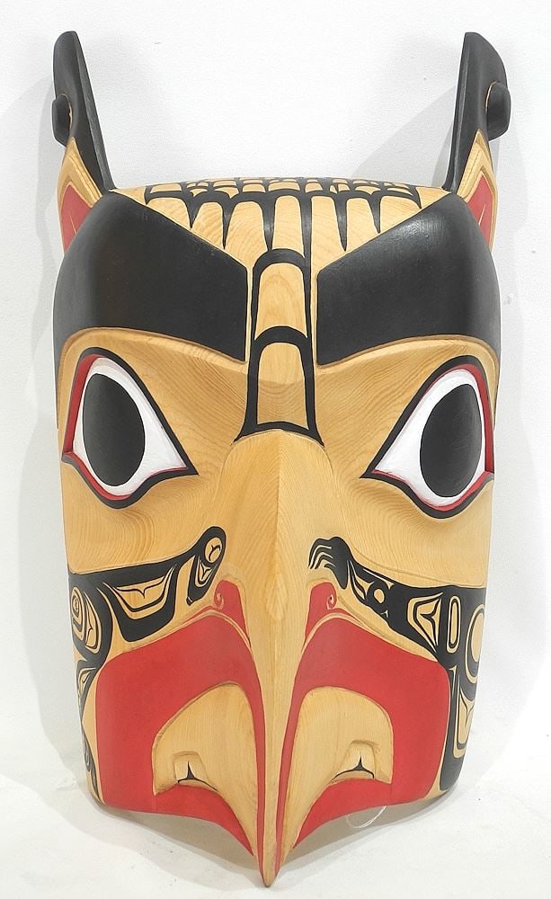 Gitxsan Yellow Cedar Mask signed Rupert Jeffrey, 20 1/2"h, "Thunder Bird Chief". (1 of 3)