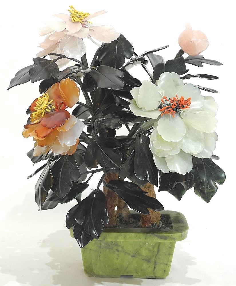 Chinese Jade & Hardstone Lucky Tree, 14 1/2"h.: Chinese Jade & Hardstone Lucky Tree, 14 1/2"h.