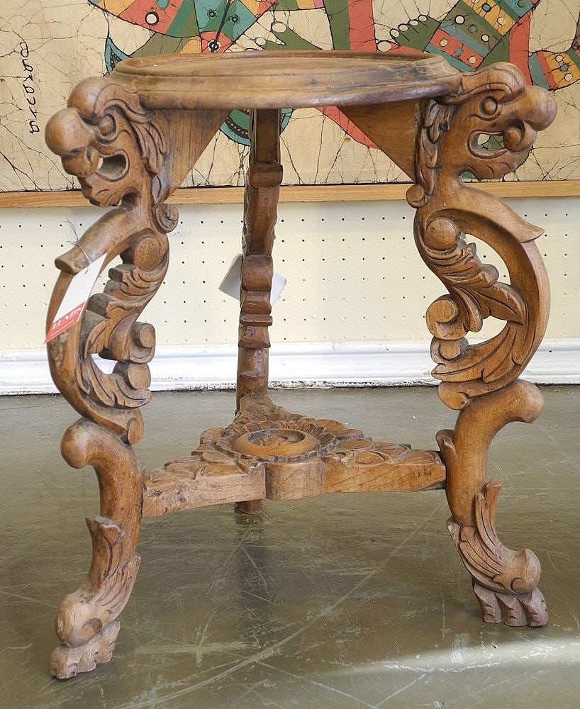 Indonesian Carved Wood Tripod Table, 18"h. (1 of 2)